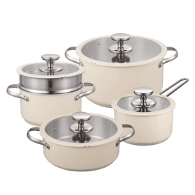 9pcs Stainless Steel Ceramic Coated Pot Set, Including 1 Milk Pot, 2 Stockpots, 1 Non-stick Pan, 4 LIDS And 1 Steamer (Color: Beige)